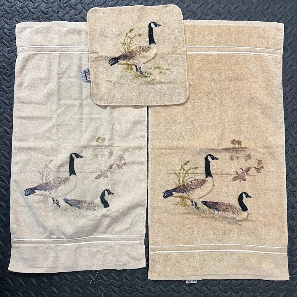 Vintage Utica Canadian Goose Towel Set 3 Pc Bath Hand Washcloth‎ 80s Retro Cabin